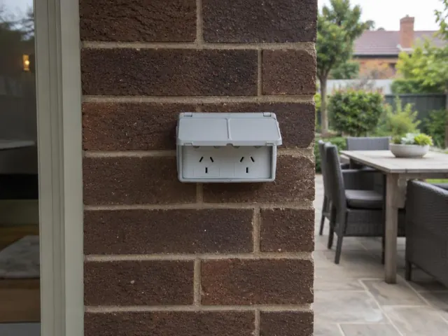 Outdoor double power point on a brick wall beside a patio dining area in Jesmond