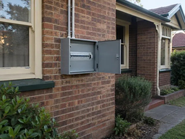 Open grey switchboard on a brick house wall beside windows in Lambton